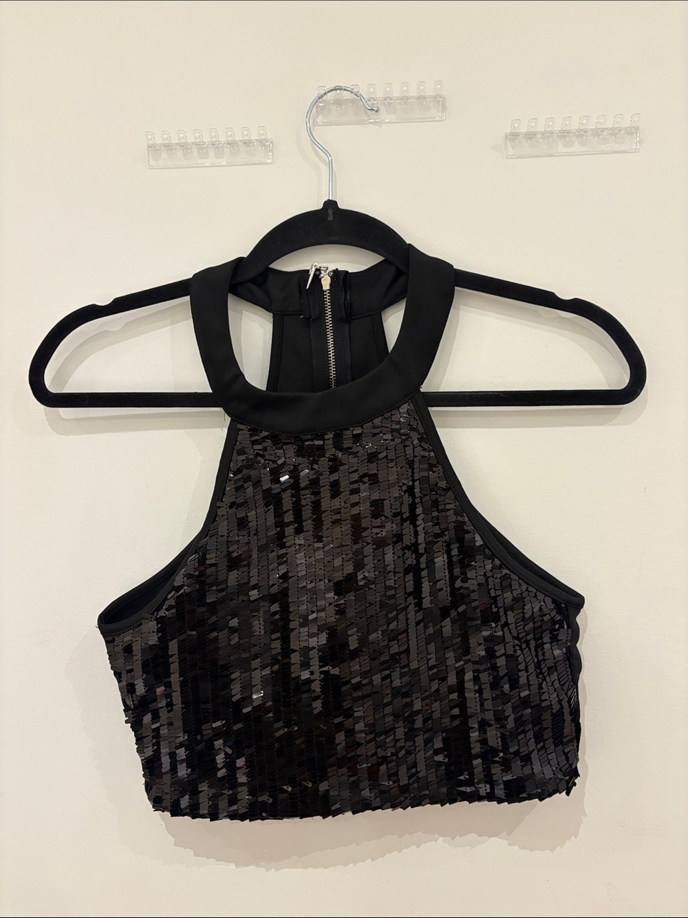Black Sequin Halter Crop Top - Women